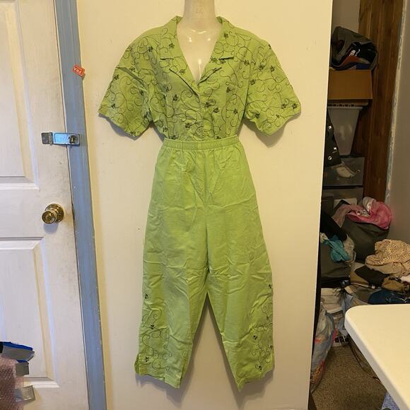 ButtonUp Top & CapriPants 2Pcs Set Denim & Co Green Embroidered Resort Lounge L - Picture 12 of 12